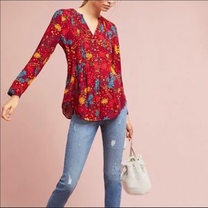 Anthro Maeve Red Floral Tunic/ Blouse